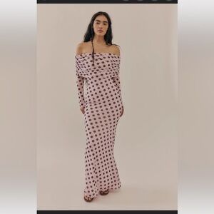 AFRM Blush Cream and Brown Polka Dot Off-Shoulder Long Sleeve Maxi Dress